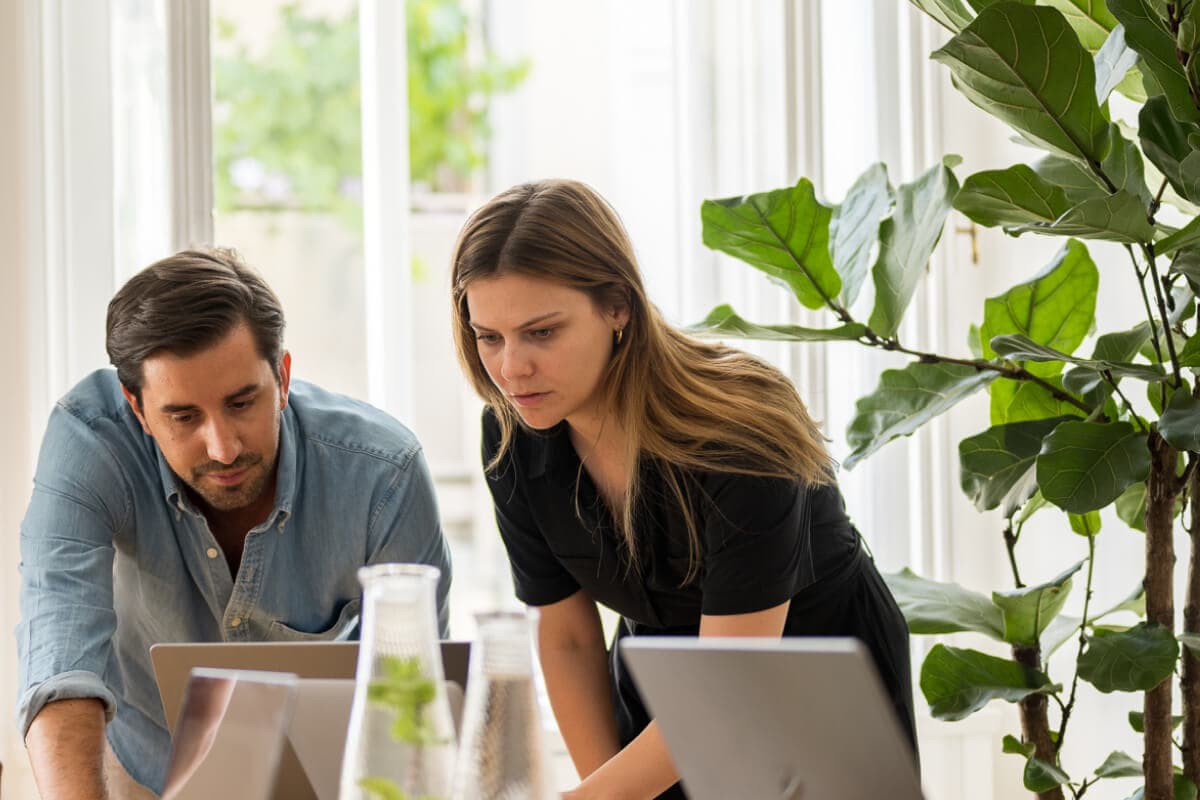 Zwei Fachleute einer Digitalagentur in Wien arbeiteten in einem hellen Büroraum gemeinsam an ihren Laptops.